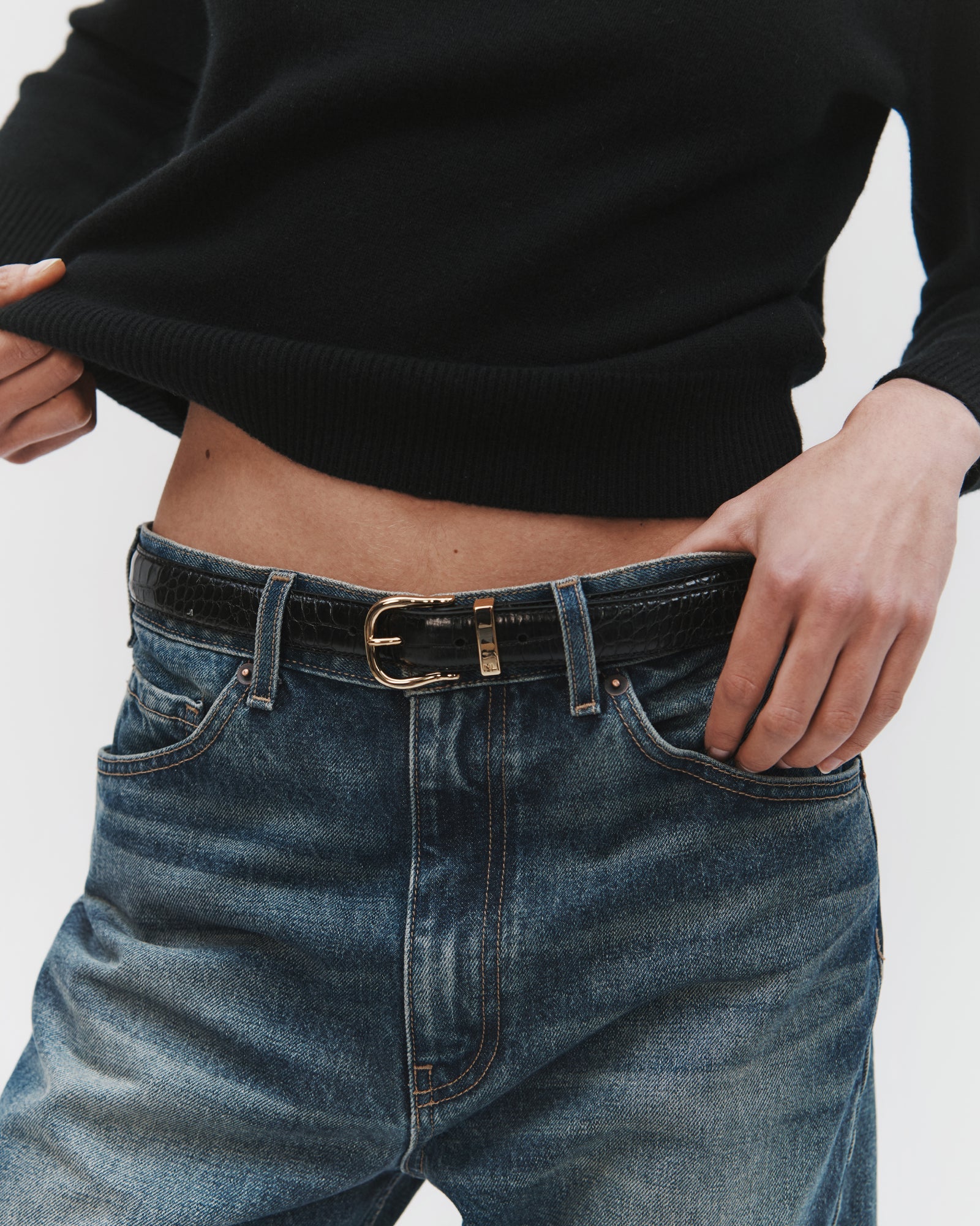 Nili Lotan Louise Belt - Black Croc Embossed – M. STUDIO display picture 1