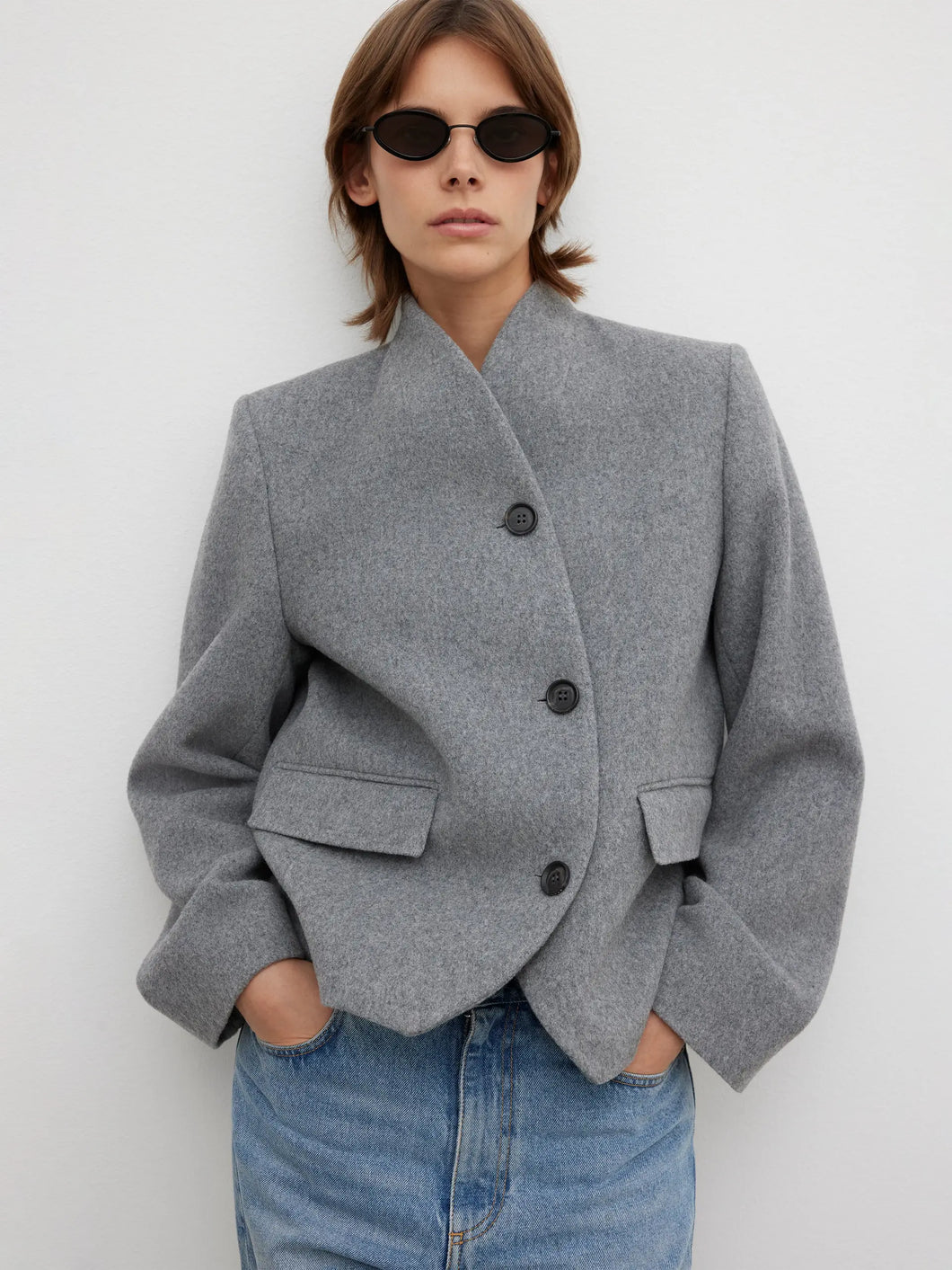 DAGMAR Short Curved Jacket, Grey Melange